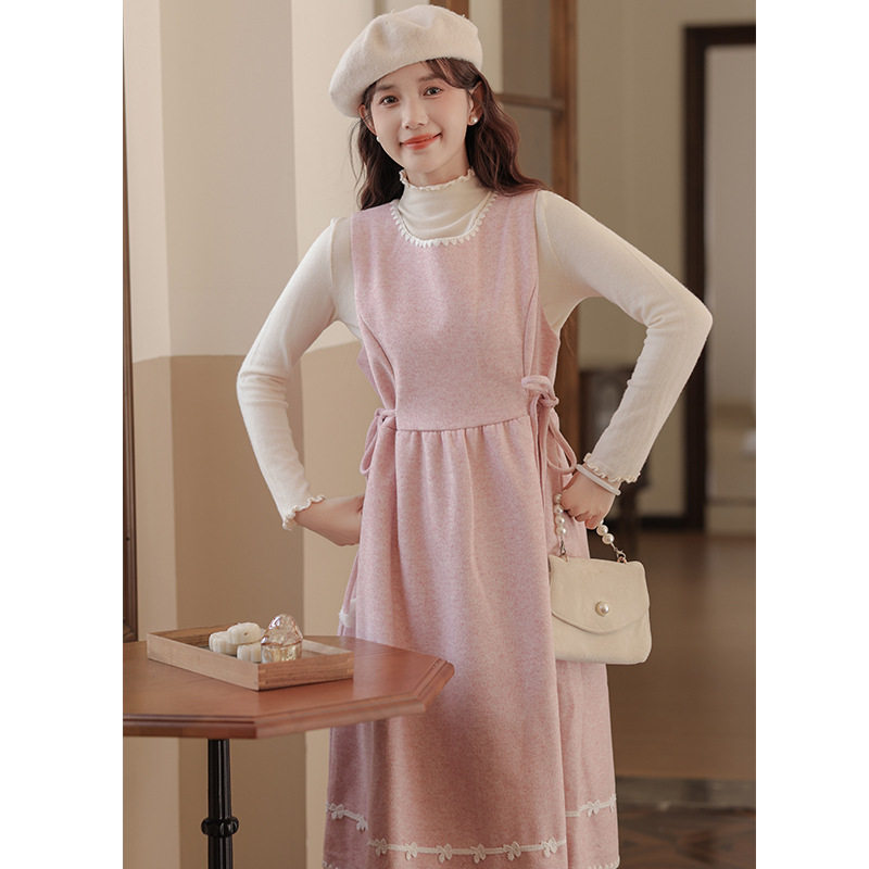 女装2025秋冬季十三行新款毛球系带收腰毛呢背心连衣裙小个子