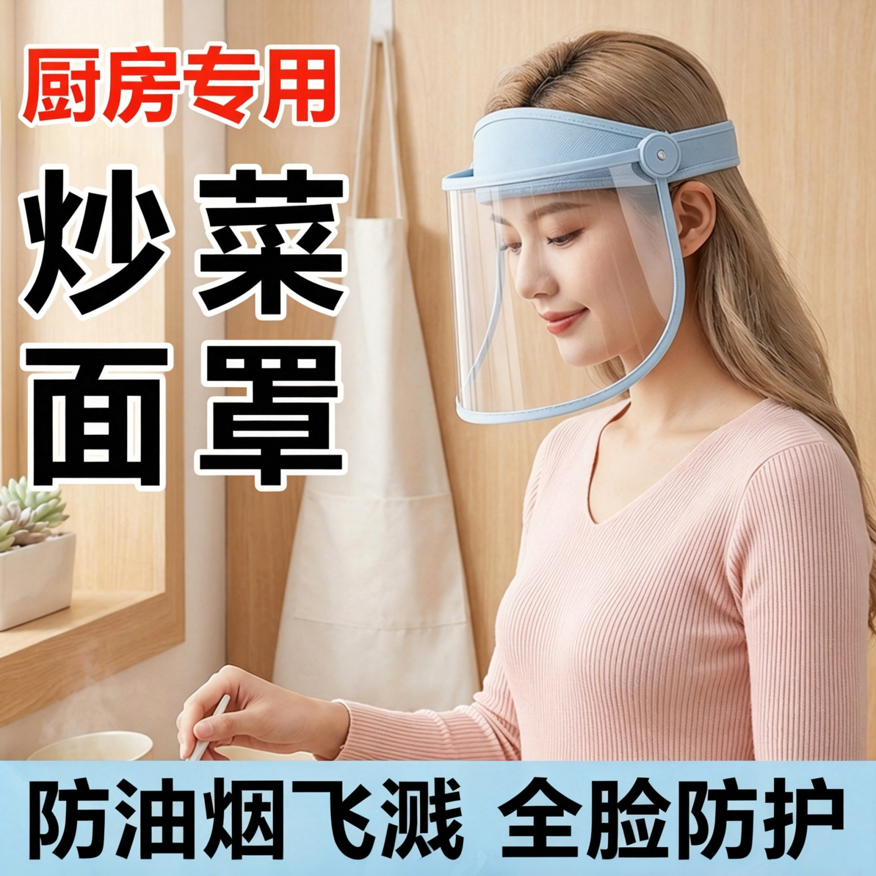 厨房炒菜防油溅面罩可戴眼镜全脸防护双面防雾上下旋转防油烟高清