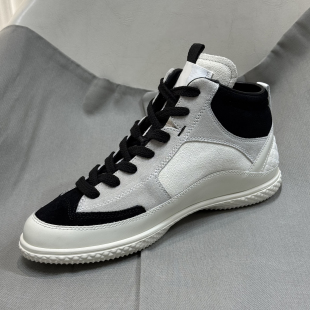 滑板鞋 女熊猫平底休闲鞋 黑白拼色高帮运动鞋 26C麂皮系带小白鞋