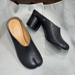 2026新款Tabi分趾粗跟穆勒鞋复古包头半拖鞋女高跟真皮凉拖鞋外穿