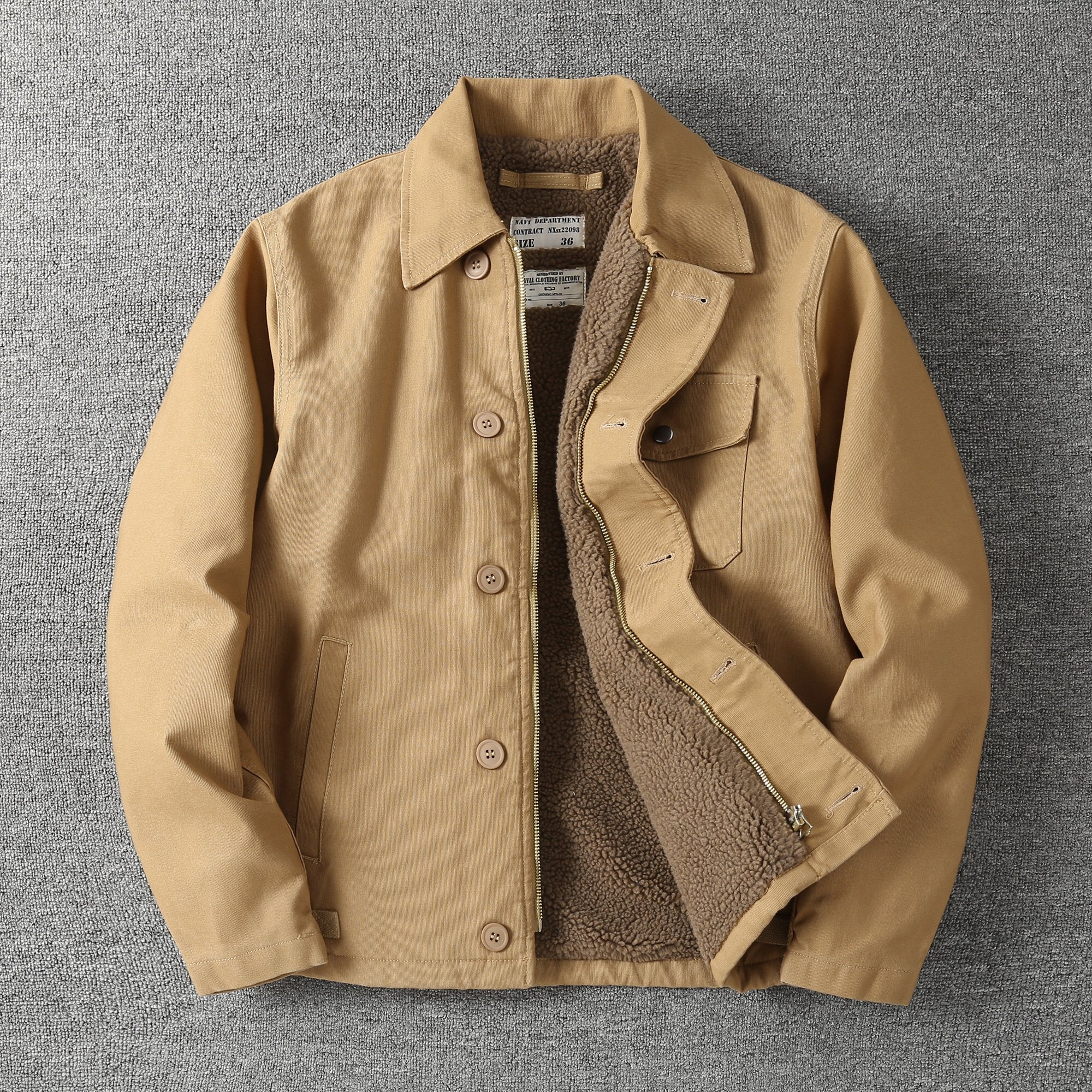 冬季工装棉服男加厚加绒棉衣阿美咔叽N1甲板夹克翻领羊羔毛外套男