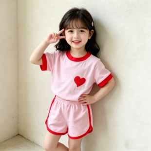 女童运动套装2026夏装新款爱心幼儿小童女宝宝短袖t恤短裤两件套