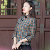 文艺女装 中式 棉布格子复古传统手工蝴蝶扣旗袍上衣 若水 玉想