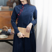 上衣 春秋新品 玉想青露3中国风女装 手工绣花细灯芯绒盘扣偏襟修身