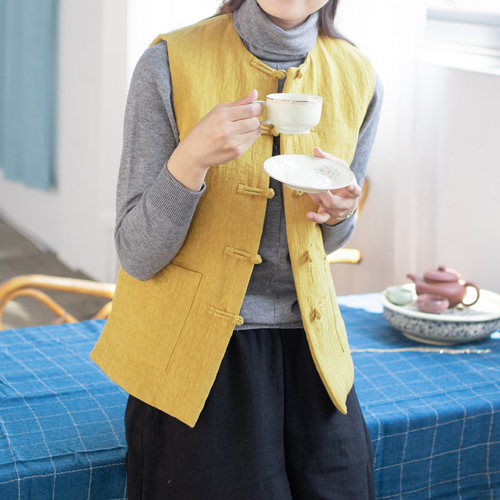 原创茶人服玉想棉麻夹棉马甲2023