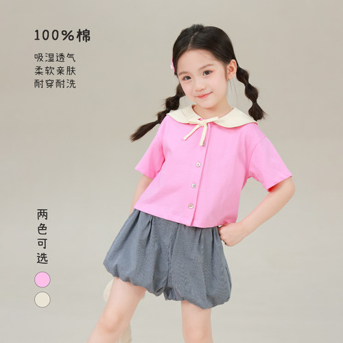 大耳象女童翻领纯色T恤2026夏季新款宝儿纯棉领口系带短袖上衣薄