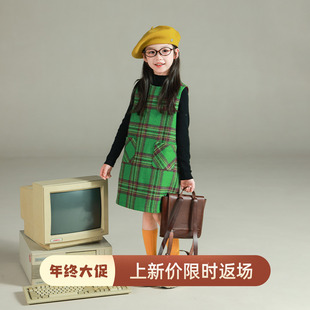 大耳象女童毛呢格子背心裙冬季 宝儿毛呢厚保暖羊毛连衣裙子 新款