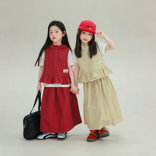 休闲套装 宝儿小众无袖 新款 大耳象女童连帽马甲纯色半裙2026春季