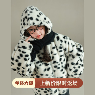 大耳象女童波点毛绒外套冬季新款宝儿百搭休闲长袖保暖防寒厚上衣