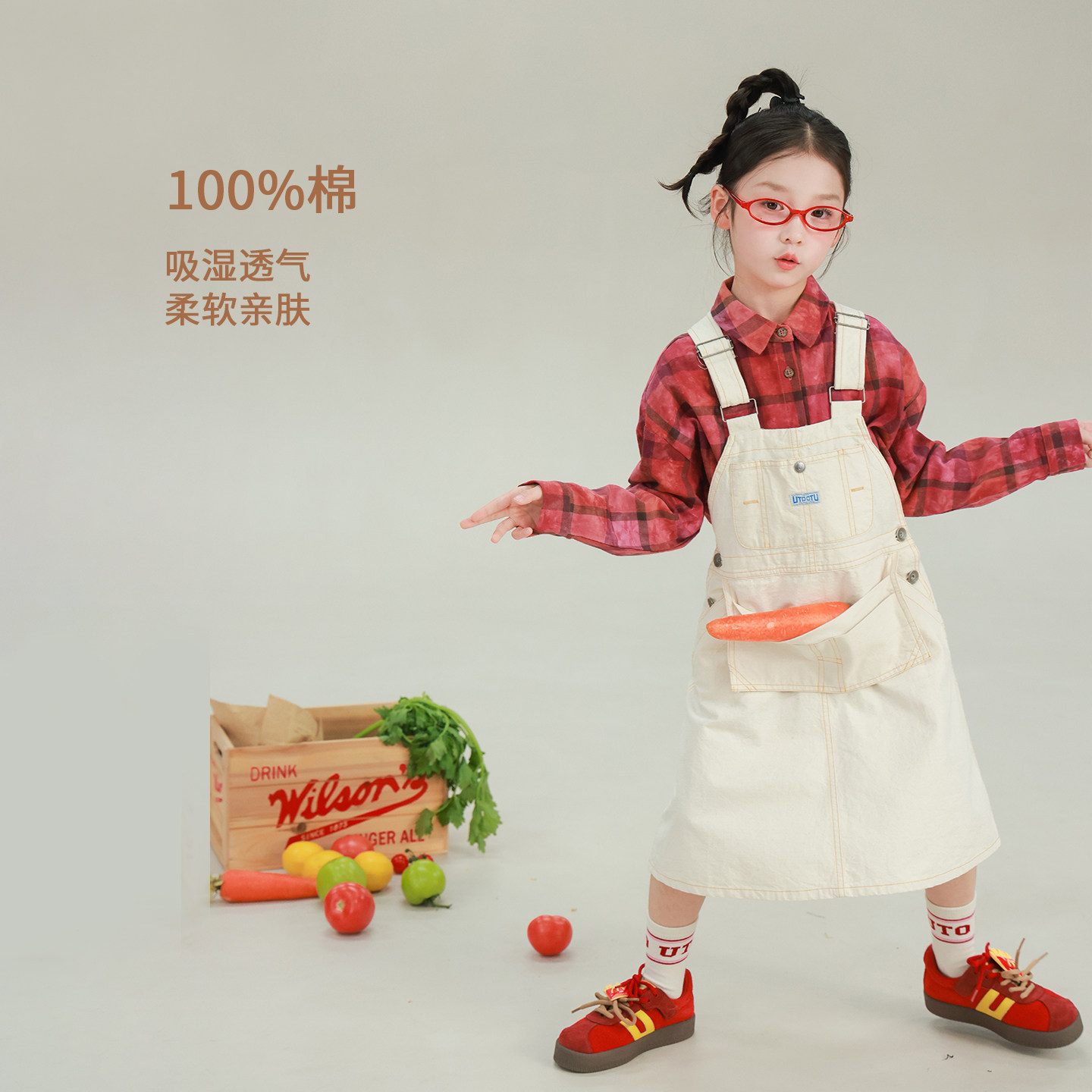 大耳象女童纯色口袋背带裙2026春季新款宝儿纯棉休闲潮流连衣裙子