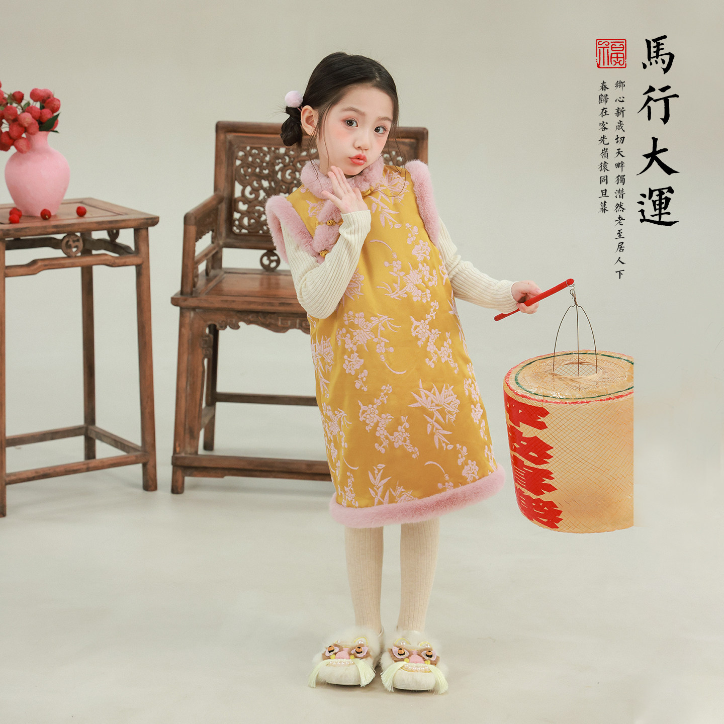 大耳象女童毛条旗袍裙冬款宝儿夹棉新中式拜年服保暖加厚连衣裙子