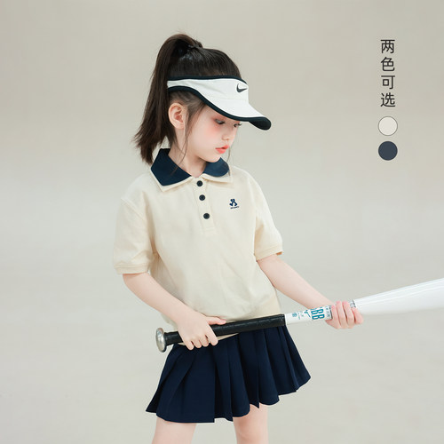 大耳象女童撞色polo领T恤2026夏季新款宝儿速干休闲运动薄上衣
