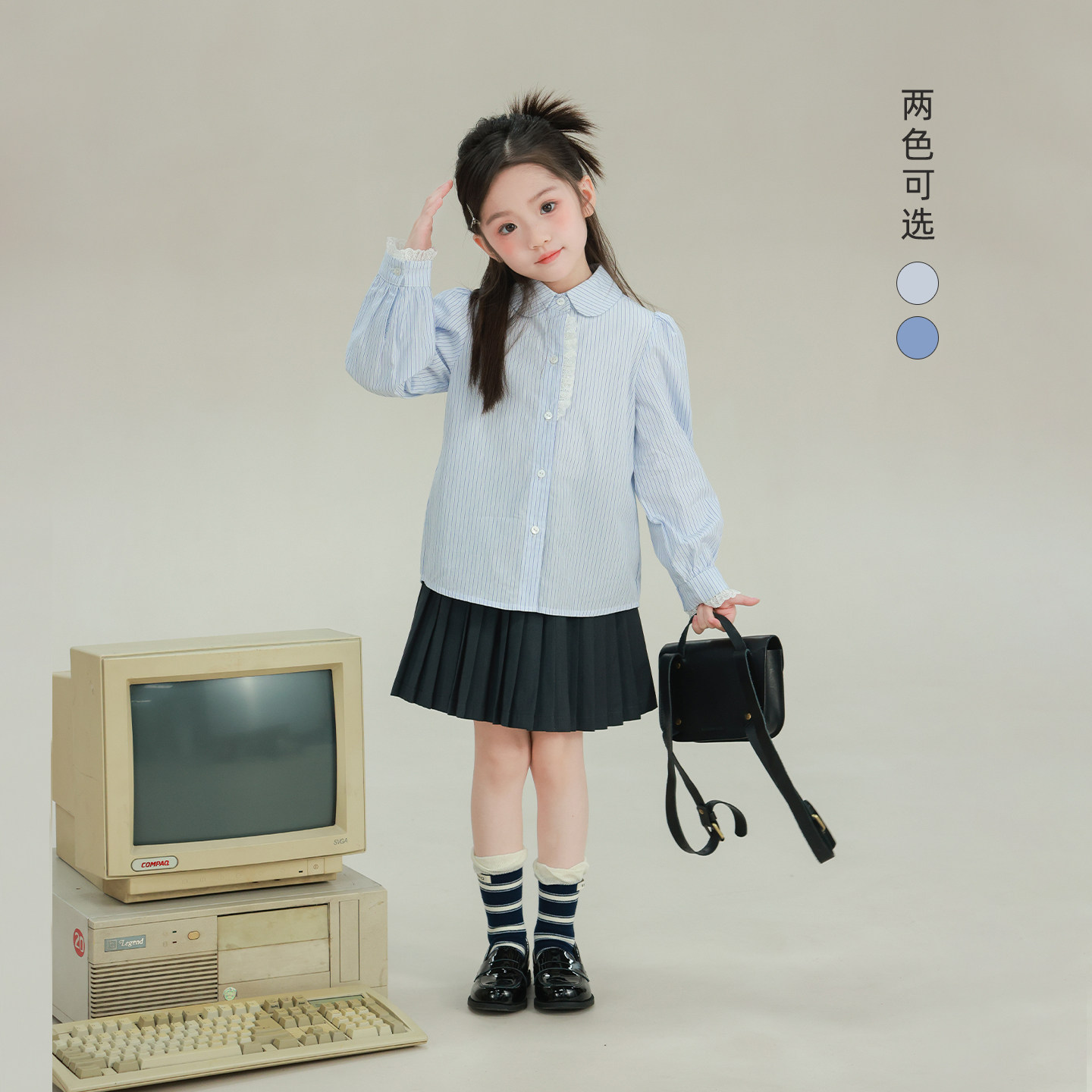 大耳象女童花边条纹衬衫2026春季新款宝儿蕾丝拼接娃娃领长袖上衣