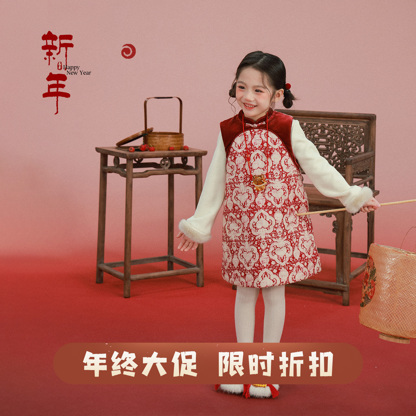 大耳象女童丝绒拼接旗袍裙冬款宝儿拜年服加厚保暖气质连衣裙子