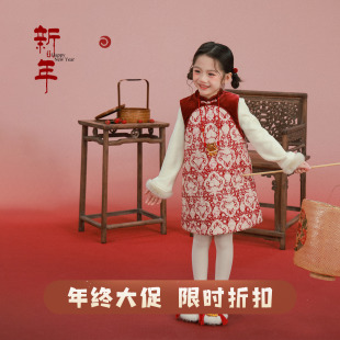 大耳象女童丝绒拼接旗袍裙冬款 宝儿拜年服加厚保暖气质连衣裙子