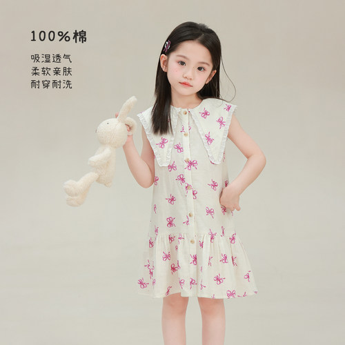 大耳象女童大翻领连衣裙2026夏季新款宝儿纯棉蝴蝶结印花公主裙薄