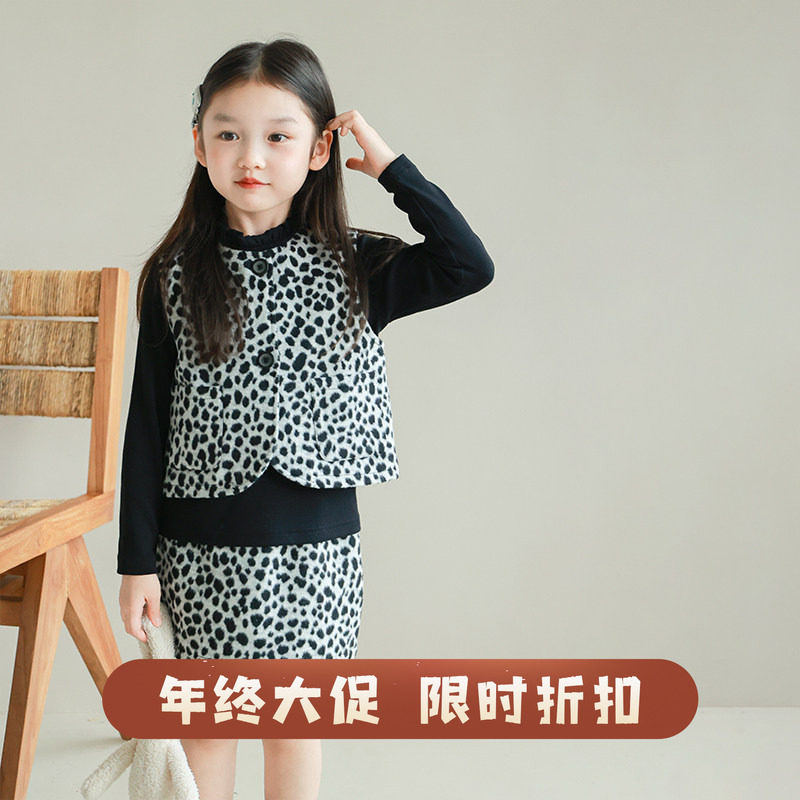 大耳象女童豹纹马甲 豹纹半裙秋季新款女孩时尚套装