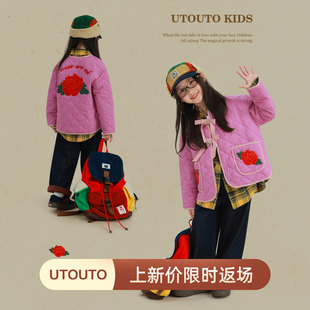 大耳象女童口袋玫瑰刺绣棉服冬季 宝儿夹棉保暖防寒厚外套上衣 新款