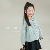 宝儿纯棉宽松长袖 新款 上衣 2026春季 大耳象女童拼接花边领纯色小衫