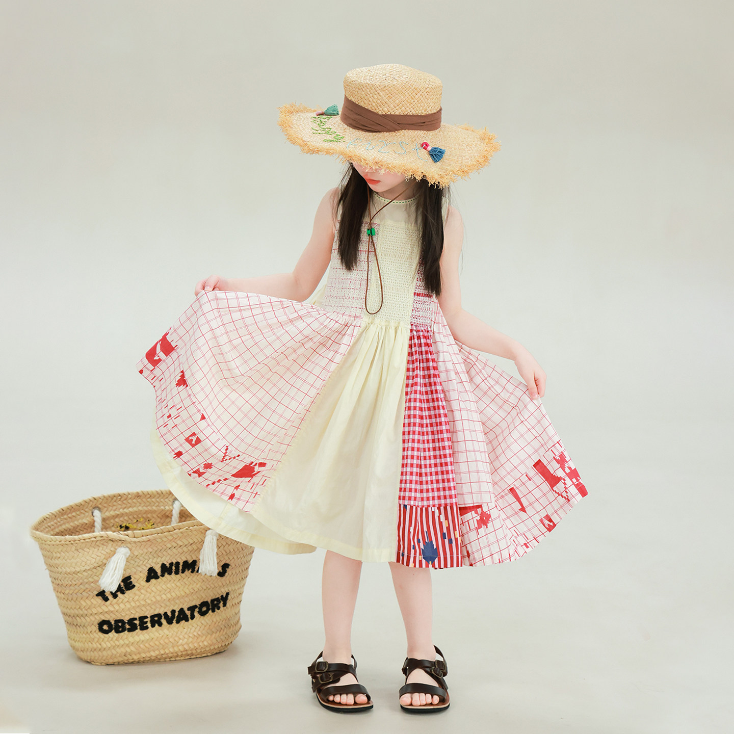 大耳象女童拼接格子打揽连衣裙2026夏季新款宝儿小众无袖薄裙子