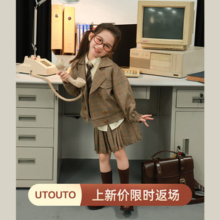 大耳象女童翻领格子外套百褶半裙秋季新款宝儿修身学院风短裙套装
