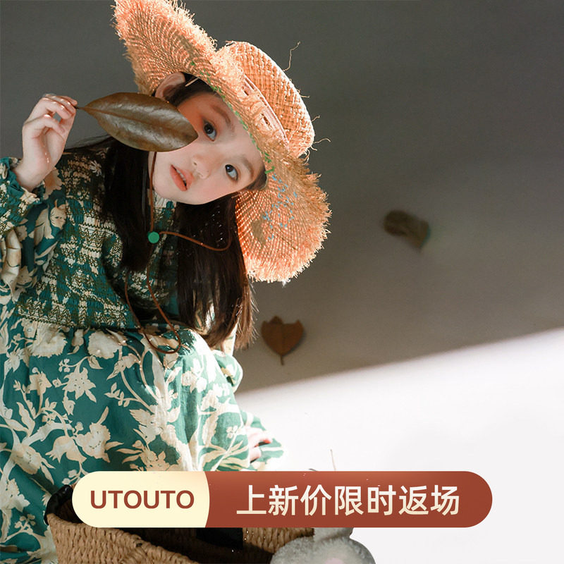 大耳象女童花朵打揽连衣裙秋季新款宝儿小众纯棉泡泡袖长袖裙子