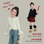 宝儿百搭v领上衣羊毛混纺 新款 大耳象女童鸵鸟毛下摆毛衣开衫 冬季