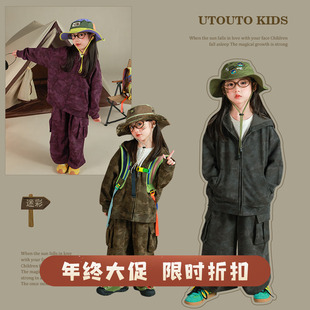 大耳象女童迷彩连帽外套工装裤秋季新款宝儿纯棉套装