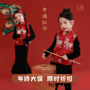 大耳象女童国风刺绣马甲中式 上衣 冬新宝儿拜年服内搭保暖加厚无袖