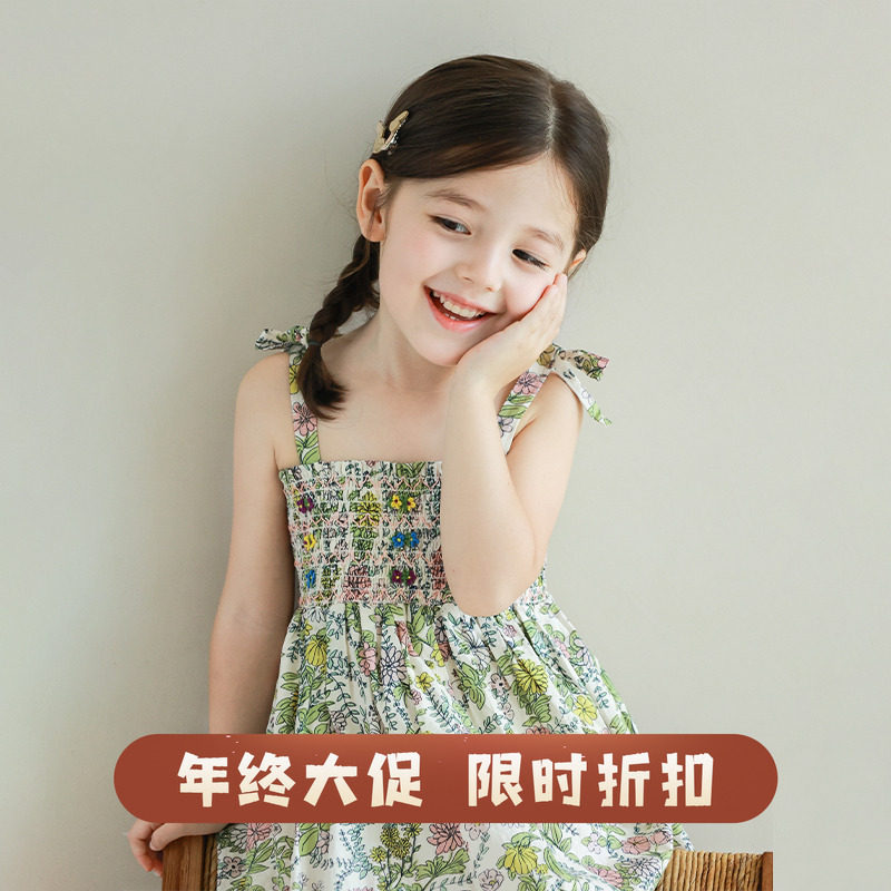 大耳象女童系带碎花打揽吊带裙夏季新款纯棉薄连衣裙子