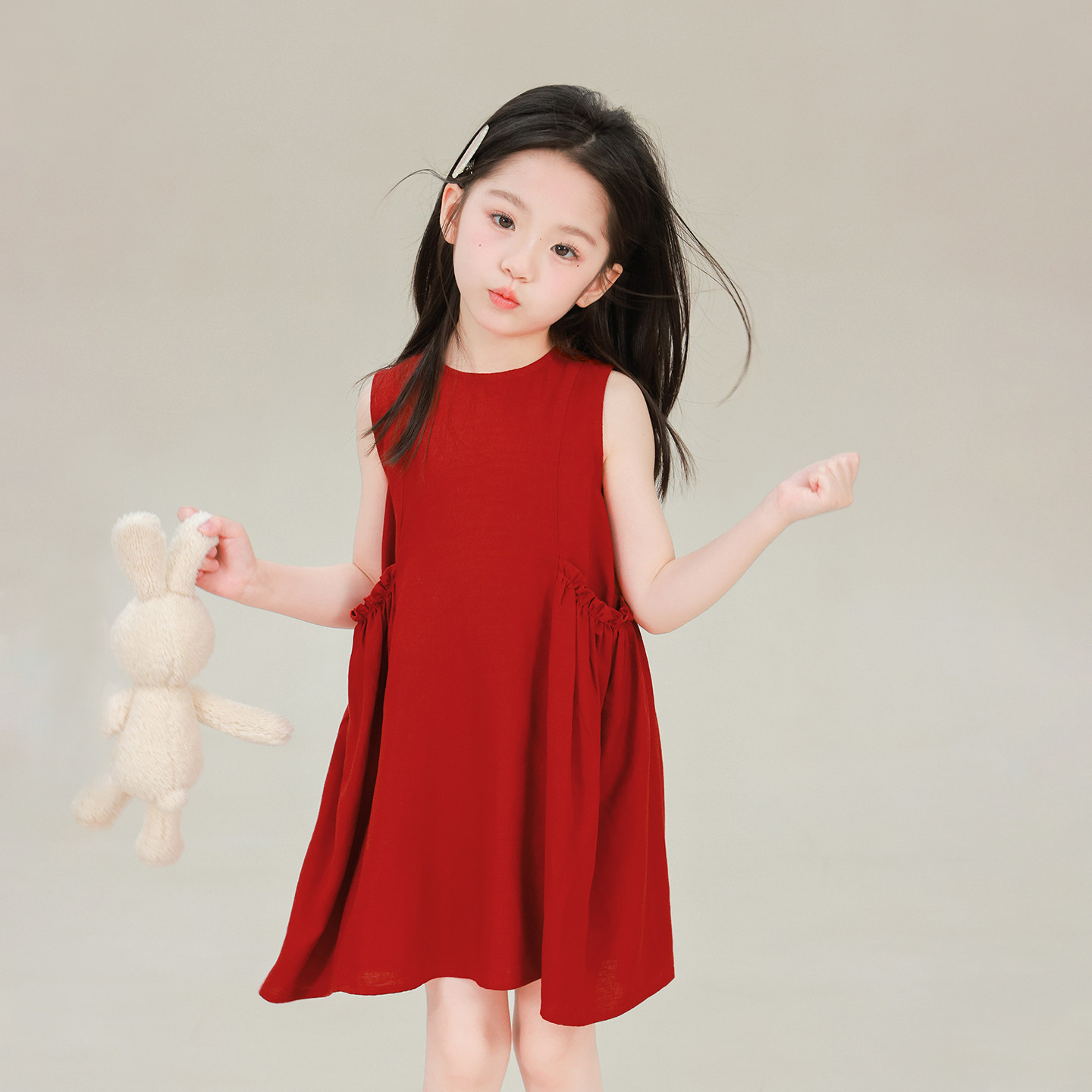 大耳象女童大口袋背心裙2026夏季新款宝儿复古木耳边无袖连衣裙薄