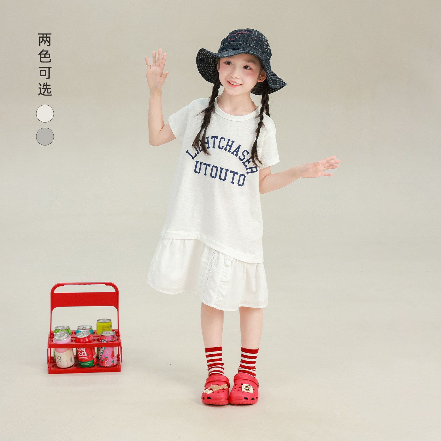 大耳象女童印花拼接连衣裙2026夏季新款宝儿纯棉简约运动T恤裙子