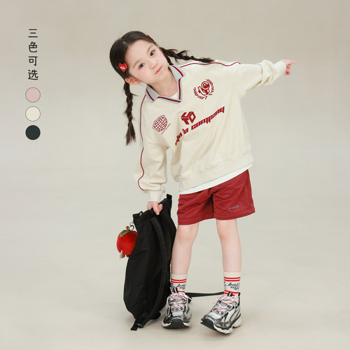 大耳象女童英文印花polo卫衣2026秋季新款宝儿慵懒休闲宽松上衣潮