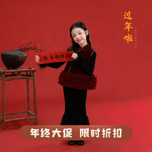 大耳象女童丝绒拼接网纱上衣冬新宝儿新中式 马甲 拜年服无袖