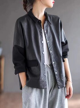 网红款潮流PU皮衣外套女士机车服装复古宽松拼接上衣韩版时尚长袖