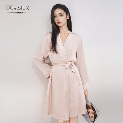 100%桑蚕丝真丝睡袍女夏季优雅晨袍外披睡袍女家居服睡衣