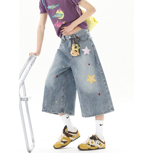 美式星星贴布印花牛仔七分裤女男夏季宽松显瘦直筒短裤休闲阔腿裤