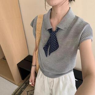 t恤女夏季 灰色气质POLO衫 针织短袖 宽松1 高级感冰丝 4吋套筒扳手袖
