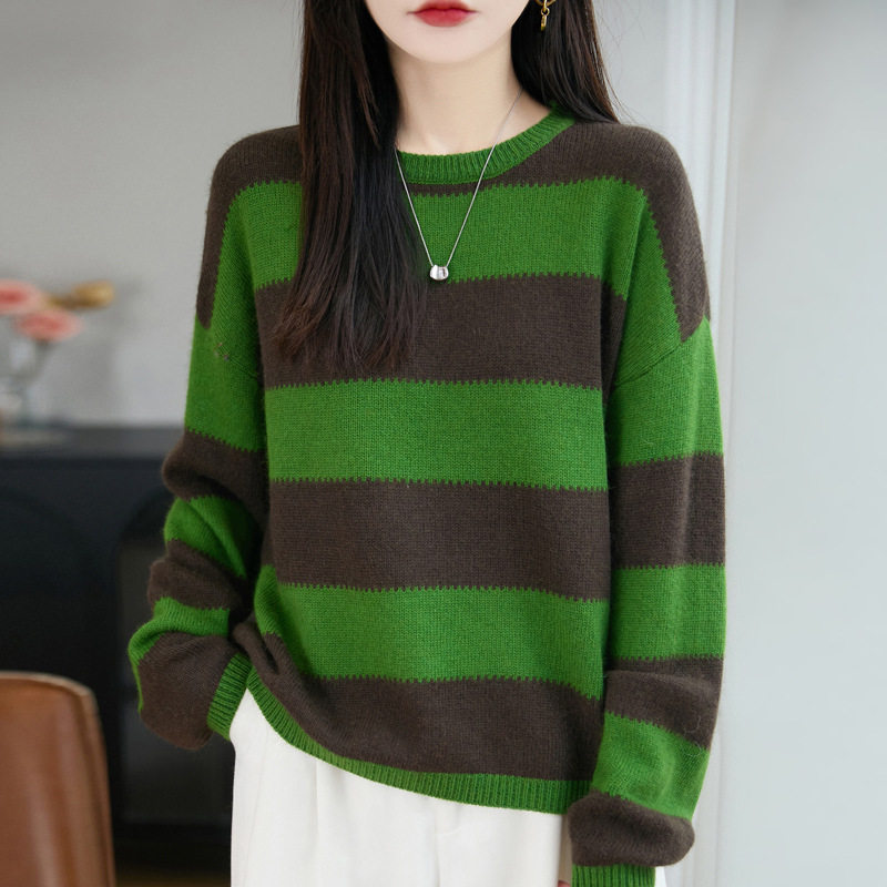 撞色宽条纹圆领套头毛衣女秋冬宽松百搭新款针织衫打底上衣