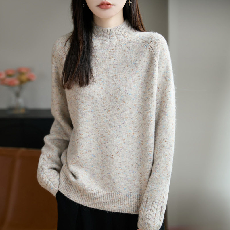 韩系花纱麻花半高领毛衣女秋冬百搭宽松套头针织衫内搭打底上衣