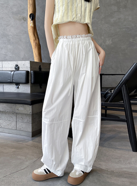 速干工装裤女款2025新款夏季美式弯刀裤黄色蕾丝防晒裤冰丝阔腿裤