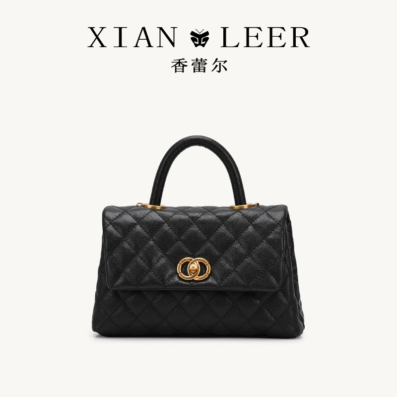 XIANLEER香蕾尔黑色高级感头层牛皮菱格包链条手提包女单肩斜跨包