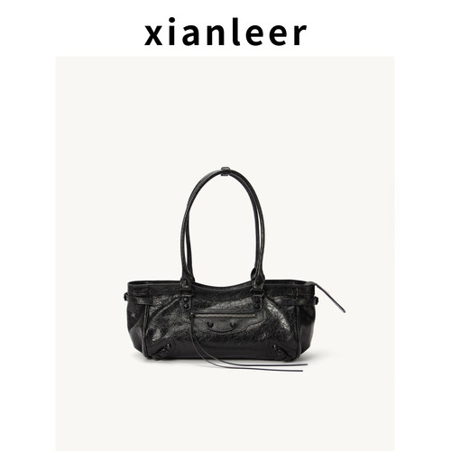 XIANLEER香蕾尔头层时尚手提女包复古柳钉机车包单肩腋下包托特包