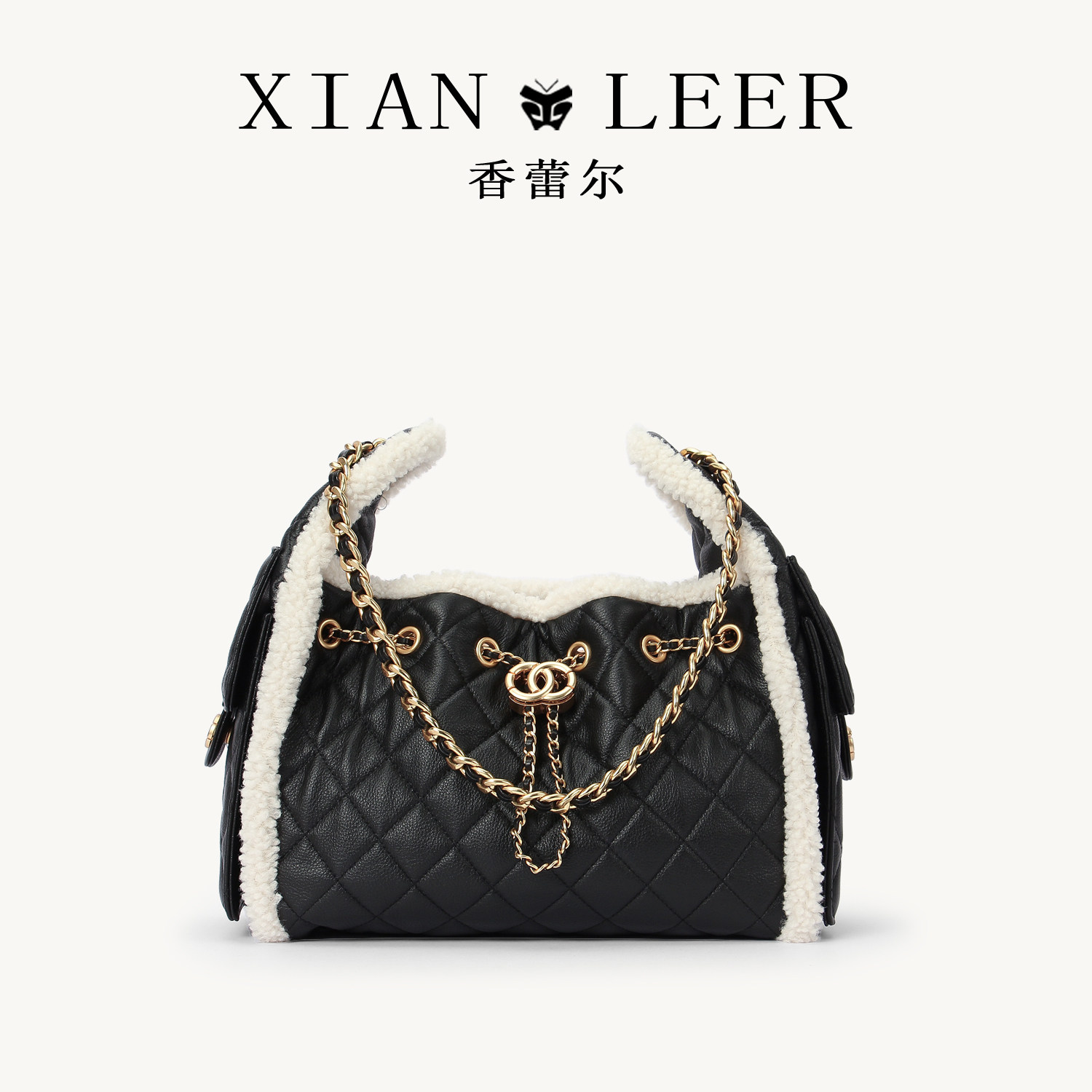 XIANLEER香蕾尔女包新款羊羔毛小香风单肩包菱格链条包真皮托特包