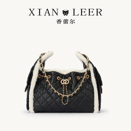 XIANLEER香蕾尔女包新款羊羔毛小香风单肩包菱格链条包真皮托特包