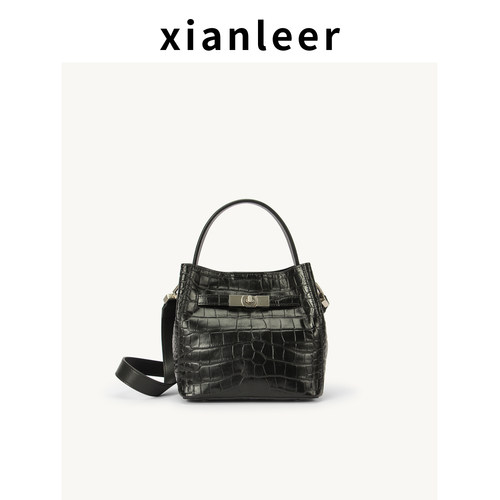 XIANLEER香蕾尔秋冬新款真皮鳄鱼纹菜篮子水桶包百搭单肩包斜跨包