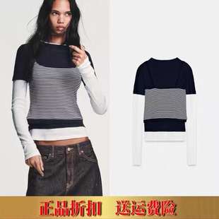 圆领直筒三条纹效果吊带T恤女 ZA家春季 长袖 甜美时尚 4174314 新款