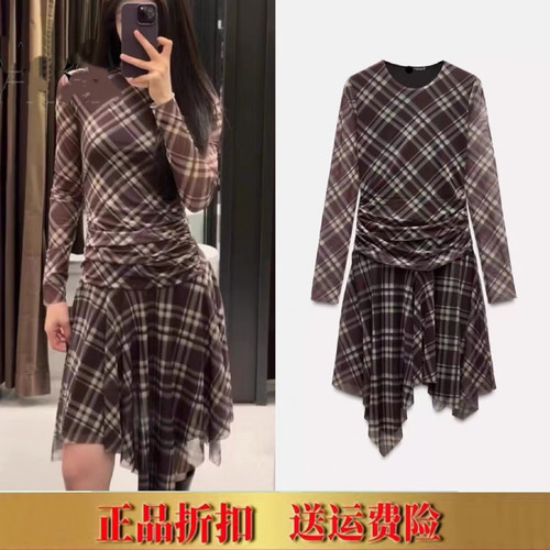 2025女装春季新品格子褶皱绢网长袖圆领不对称下摆连衣裙 5039282