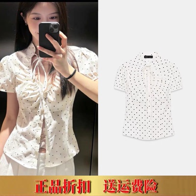 ZA家春夏新品女装甜辣风修身短袖V领府绸蝴蝶结饰衬衫上衣2180046