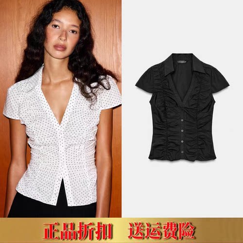 ZA家春夏款甜美修身收腰翻领褶皱饰短袖府绸短袖衬衫女 4764034